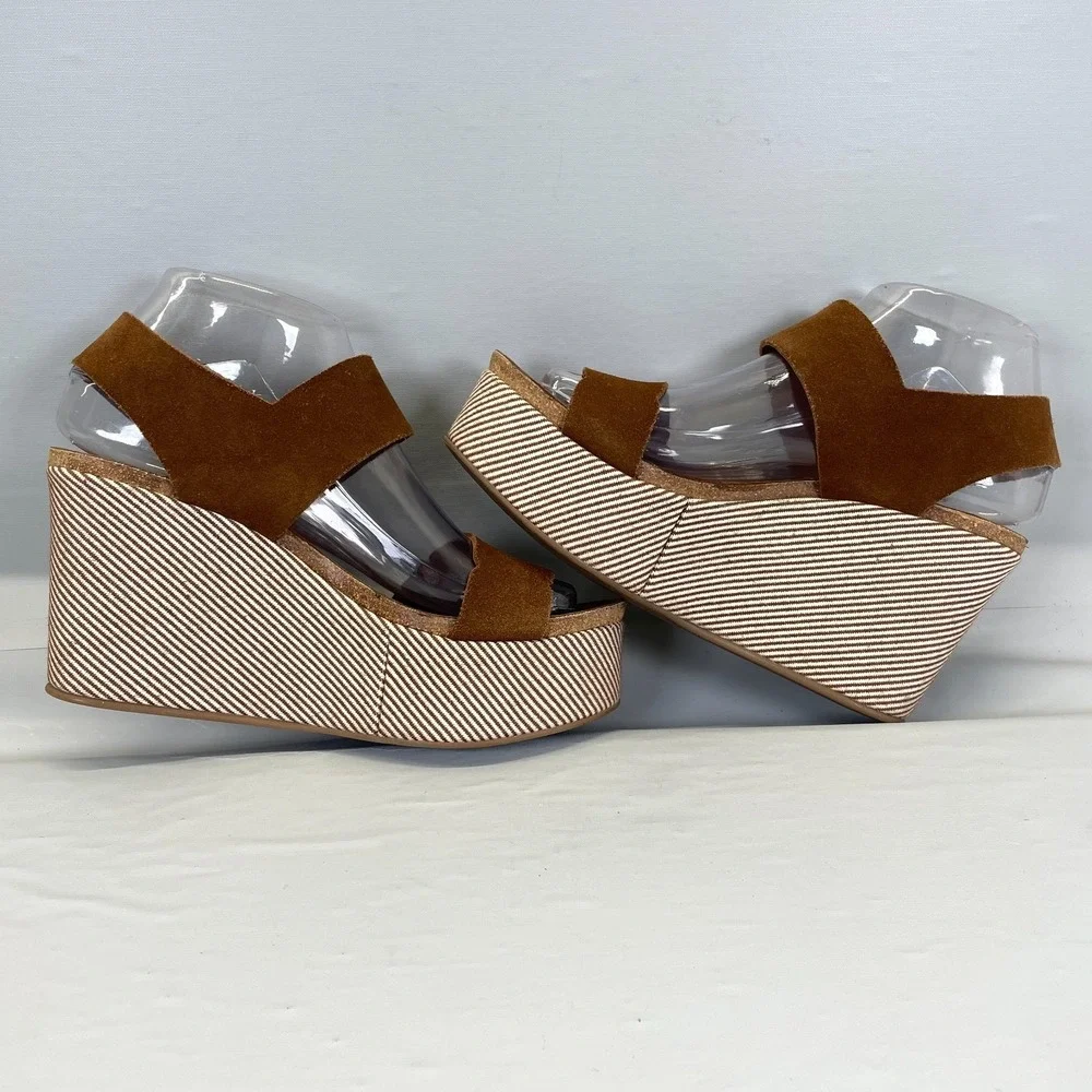 Pedro Garcia Platform Wedge Sandals Womens Size 37 US 7 Brown Suede Strap Shoes
